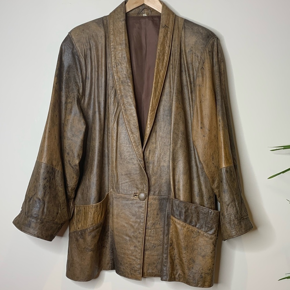 Vintage Slouchy Pocket Brown Faux Leather Satin Lined 1 Button Blazer Jacket 42
